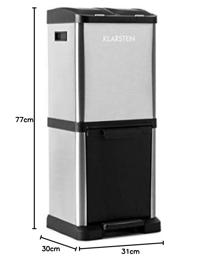 KLARSTEIN Ökosystem² - Cubo de Basura de Reciclaje, Capacidad total 30 litros, 2 contenedores x 7,5L, 1 contenedor x 15L, Carcasa de Acero Inoxidable, Mecanismo Pedal