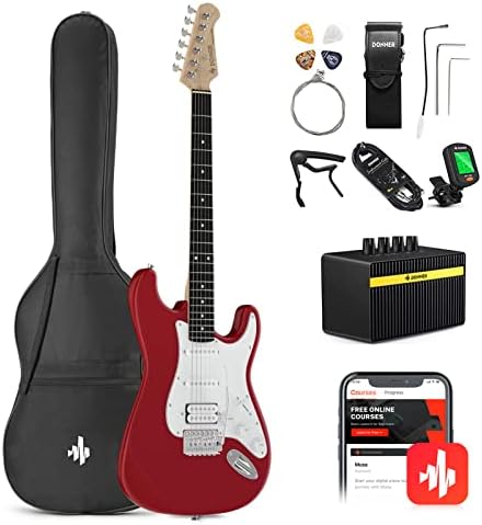 Donner DST-100R 39 Inch Electric Guitar Beginner Kit Red Full Size Solid Body HSS Pick Up Starter Package with All Accessories Amplifier Online Lesson Bag Digital Tuner Capo Strap String Cable Picks