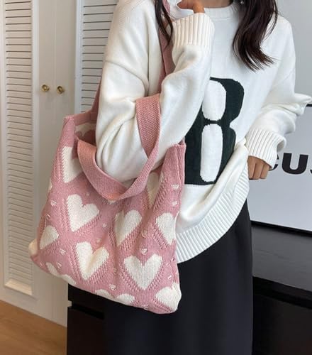 Image of Summer Crochet Bags for Women Knitted Beach Tote Bag Cute Heart Pattern Shoulder Handbags and Purse