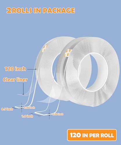 Image of 2 Rolls Double Sided Tape Heavy Duty - 240 inch x 1.0 inch & 0.5 inch - Removable Mounting Tape for Poster Picture Hanging Carpet Strip Rug Wall Outdoor - Clear & Strong Nano Tape Adhesive Multipurpose - 20 Feet