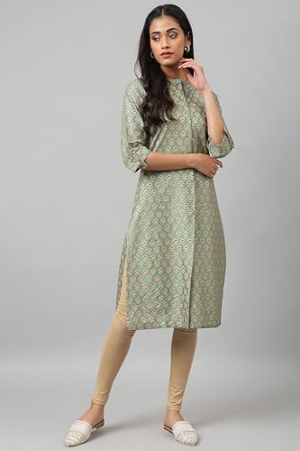 Image of W for Woman Green Glitter Printed Kurta in Mandarin Collar