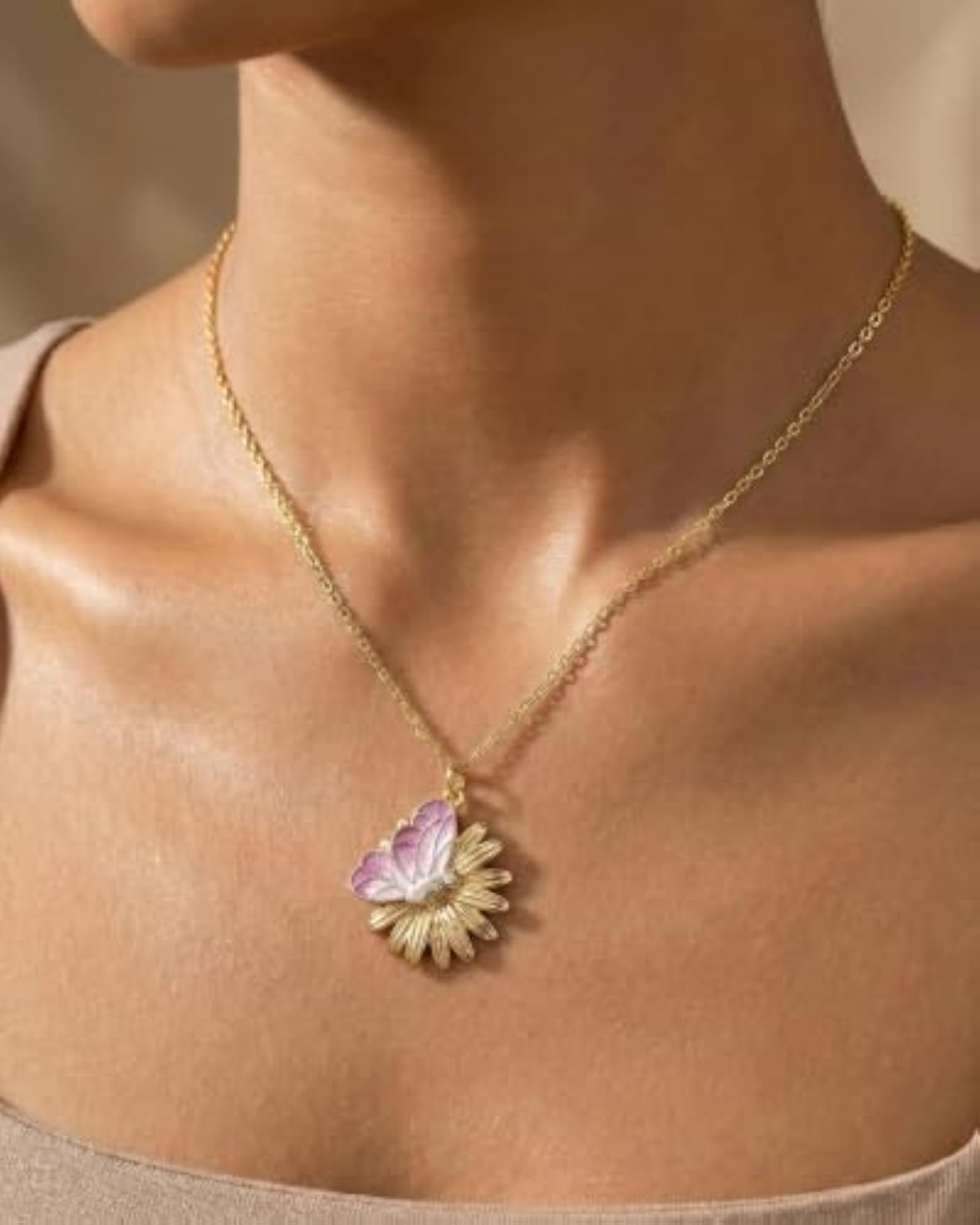 Pink Meadow Butterfly & Daisy Pendant, 925 Sterling Silver