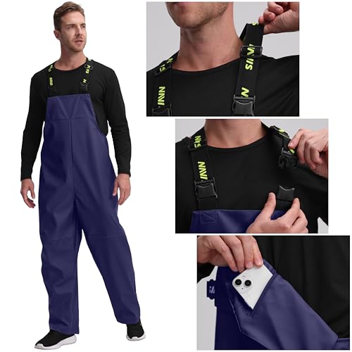 Men\'s PRO Workwear 3-Piece Waterproof Rain Jacket & Bib Pants Set - Heavy Duty PU Eco-Friendly 2-Tone Functional Design (Midnight Blue,X-Large)