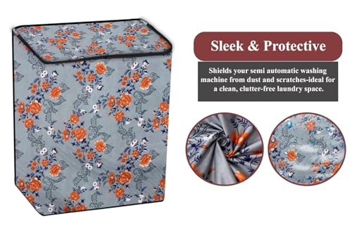 Image of The Furnishing Tree Polyester Waterproof Semi Automatic Washing Machine Cover Suitable for LG 9 Kg, 9.5 Kg & 10 Kg, Dimension DxWxH In Cms: ( 53.3x89x99 ), Floral Pattern Blue