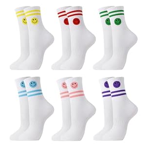 Utensilsto 6 Paar Tennissocken Damen 38-42 Weiße Socken mit Smilie Motiv Sportsocken Baumwollesocken Crew Socks Lustige Verrückte Socken für Frauen Tennis Freizeit Alltag