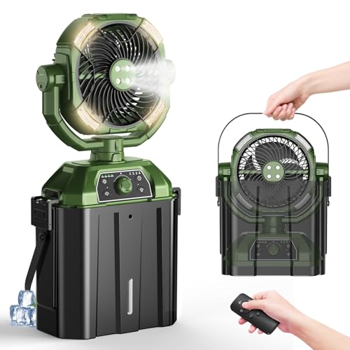 【Amazon 限定ブランド】キャンプ 扇風機 ミストファン アウトドア扇風機 自動首振り 超強風 最大55時間連続使用 風量無段階調節 充電式 リモコン付き タイマー機能 低騒音 多機能 吊り下げ サーキュレーター 卓上 扇風機 防災 キャンプ用品 テントマット コンパクト 持ち運び便利 屋内/アウトドア両用 熱中症対策 日本語取説付 (グリーン)の商品画像（Amazon）