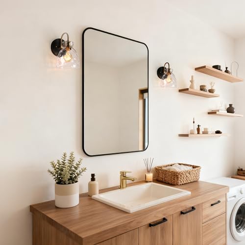 Image of KSANA Mid-Century Modern Wall Sconce, 1 Light Black and Electroplated Copper Sconce Wall Light with Textured Glass Bathroom Wall Lamps for Bedroom Living Room Kitchen