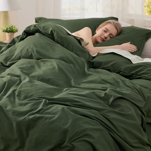 Image of Bedsure Textured Duvet Cover Queen Size - Cotton-Like Polyester Jacquard Duvet Cover Set for All Seasons - 3 Pieces Soft Bedding Set with 2 Pillow Shams, NO Comforter (Olive Green, Queen, 90 inchx90 inch)