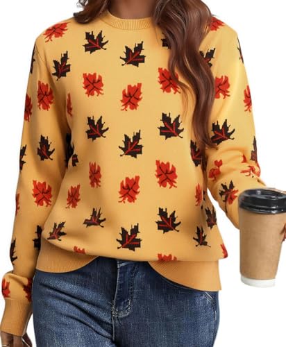 LUKYCILD Fall Sweaters for Women 2025: Autumn Leaves Print Sweater Long Sleeve Graphic Pullover Casual Crewneck Tops