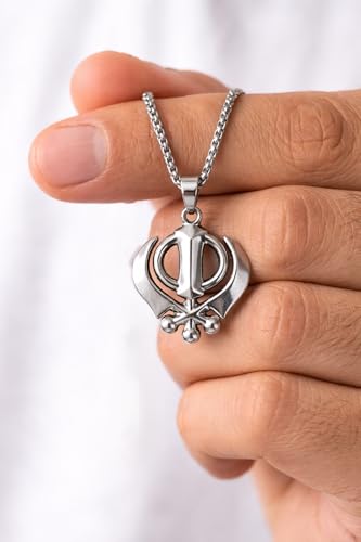 Image of Khanda Sikh Symbol Pendant Necklace for Men & Women | Stainless Steel Silver Religious Khalsa Pendant with Chain | Spiritual Sikh Jewellery | Daily Wear | Gift for Men & Women