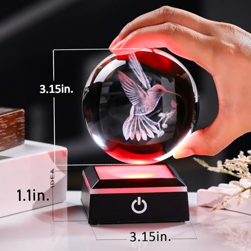 Image of 3D Crystal Ball Hummingbird Gifts for Women Unique Snow Globe Decor for Adults Glass Humming Birds Figurines Xmas Ornament with LED Base Lamp Collectibles Sculpture for Valentines