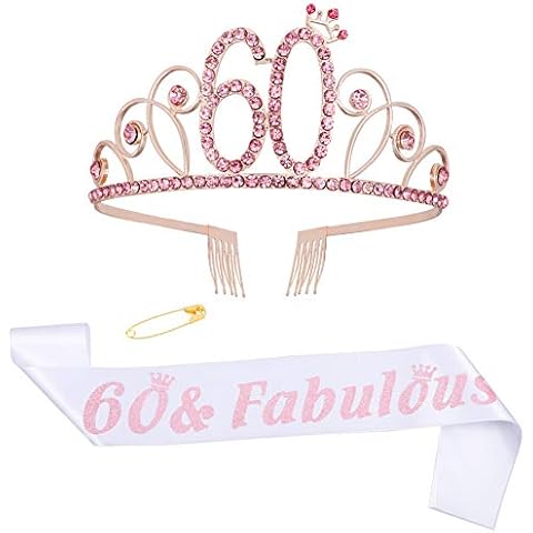 ruggito 60th Birthday Costume Set For Women,Include 60th White Satin Sash,Rose Gold 60 Birthday Crown Tiara and Round Brooch Clip Pin for 60th Birthday Decoration Girls Women Cover