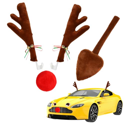 Mqiielle Christmas Car Reindeer Antler Kit with Nose, Tail, and Eyes Decal for Cars, Trucks, SUVs