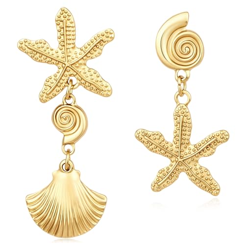 Gold Sea Life Earrings for Women, 14K Gold Plated Starfish Shell Drop Earrings, Hypoallergenic Ocean Jewelry for Summer Beach Vacation, Gift for Her BJ-2