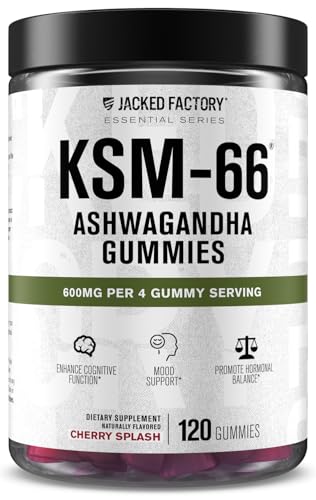 Image of Jacked Factory Ashwagandha Gummies - KSM 66 Ashwagandha Gummies (600mg Per Serving) - Enhance Cognitive Function, Boost Mood, and Promote Hormonal Balance - 120 Gummies, Cherry Splash