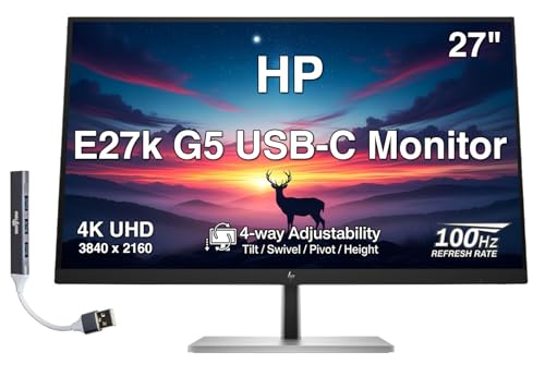 HP E27k G5 27' 4K UHD IPS USB-C Monitor with 5ms Response Time, Anti Glare, Flicker Free, VESA Mount (100mm), Displayport, HDMI & Dockztorm USB Port Expander, Black/Silver Color (6N4C4AA#ABA)