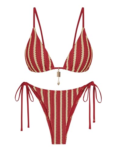ZAFUL Red Crochet Beads Bikini Sets for Women Cheeky Two Piece Tropical Sexy Bathing Suits Striped Brazilian High Cut Knit Swimsuit for Vacation Resort Wear
