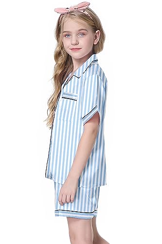 Schbbbta Girls Pajamas Set Button Down Short Sleeves Satin Shirts Sleepwear 2 Piece silky PJ Sets New Stripe Blue Years = Tag3