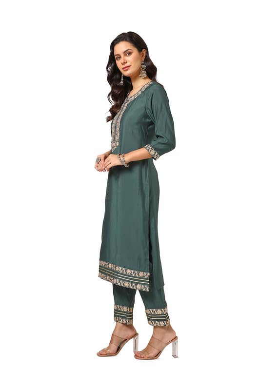 Image of Soch Womens Green Muslin Blend Embroidered Kurta Set With Gotta Patti