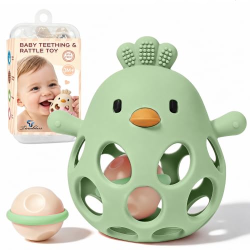 Image of Tinabless 2-in-1 Baby Teether Rattle Toy, Easy Grip Silicone Teething Toy for Babies 3-12 Months, BPA-Free Sensory Chew Toy for Sore Gums, Infant Shower Gift (Green w /Rattle)
