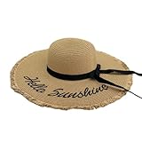 Material: paja Abhpjuy Versión coreana del verano con ala grande bordada, borde crudo, paja, crema solar, sombrero de playa para mujer con lazo bordado