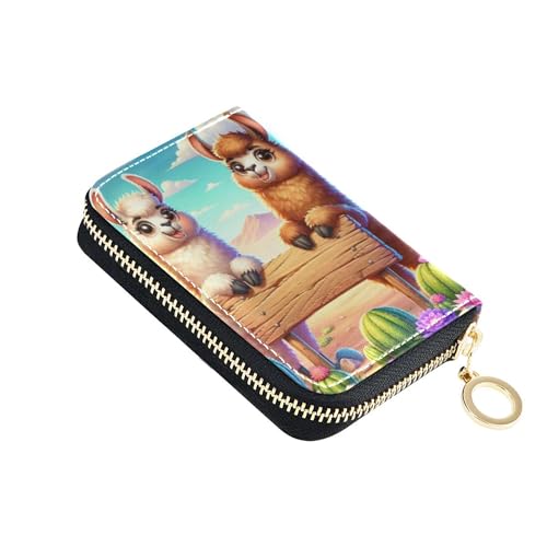Cute Card Holder RFID Blocking Wallet Womens Leather Zip Around Travel Wallet with Zipper Cute Cartoon Llamas Colorful