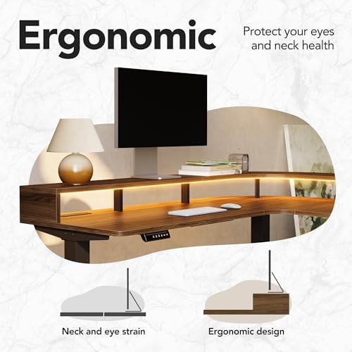 Image of HUANUO Electric L Shaped Stadning Desk with LED Strip & Power Outrlets, 63 inch x 55 inch 2-Tier Height Adjustable Sit Stand up Desk with Power Strip Holder, Ergonomic Corner Computer Table, Walnut