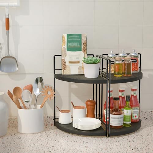 Image of 2 Pack Bathroom Counter Organizer,2 Tier Corner Bathroom Counter Organizer,Black Wooden Vanity Organizer for Bathroom Organizers and Skincare Cosmetics Dresser Storage