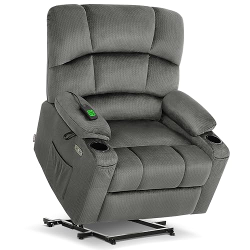 MCombo Oversized Dual Motor Power Lift Recliner Chair Sofa with Massage and Heat for Big Elderly People, Infinite Position, USB Ports, Fabric R7677 (Grey, Medium-Oversize)