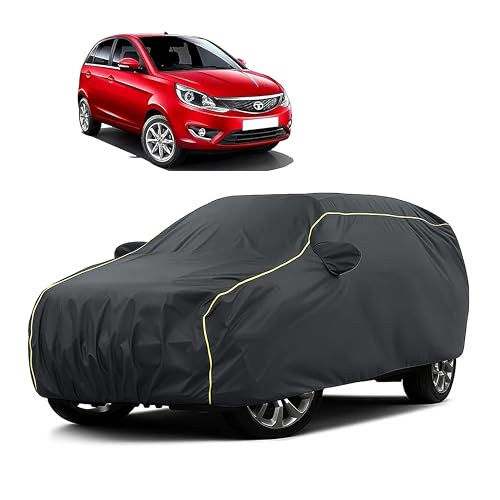 Image of Sulfar 100% Water Resistant Car Body Cover Compatible with Mirror for Tata Bolt (Triple Stitched, Full Bottom Elastic, Dark Grey Taffeta with Yellow Piping)