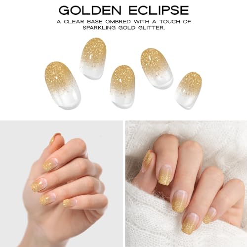 ADORA COUTURE Semi Cured Strips Kit - 20pcs Stickers with Light Required - Holiday Gold Glitter Wraps - Stickers for Manicure with Light Required (Golden Eclipse)