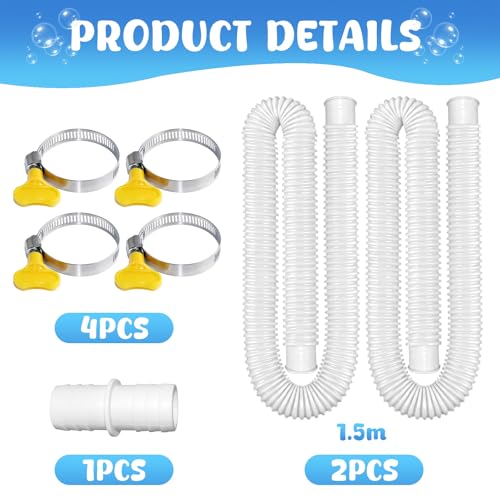 Spehulg 2 Stück Poolschlauch 32mm,150cm Pool Schlauch mit 1 Stück Poolschlauch verbinder Und 4 Stück Schlauchschellen,Für Pool Filterpumpe,Mobiles Schwimmbad Pumpe,Weiß