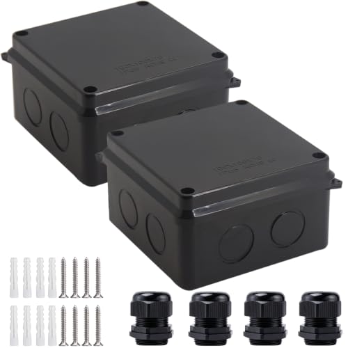 Image of Junction Box, 2 Pcs Reserved Holes Electrical Boxes Waterproof IP65 ABS Plastic Electrical Power Cord Enclosure Project Box Black 3.9 x 3.9 x 2.8 inch(100x100x70mm)