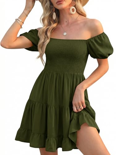 Image of Veatzaer Women's Puff Sleeve Square Neck Smocked Babydoll Dress Boho Floral Print Off Shoulder Ruffle Mini Short Dress