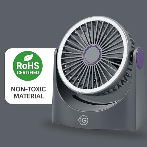 Image of OOGE Breeze 1000 Noise-Free Rechargeable Table Fan | 6 Inch Compact Design | 8 Ft Air Throw | ROHS Certified & Child Safe | Night Light | USB Charging | Portable Desk Fan for Home & Office (Grey)