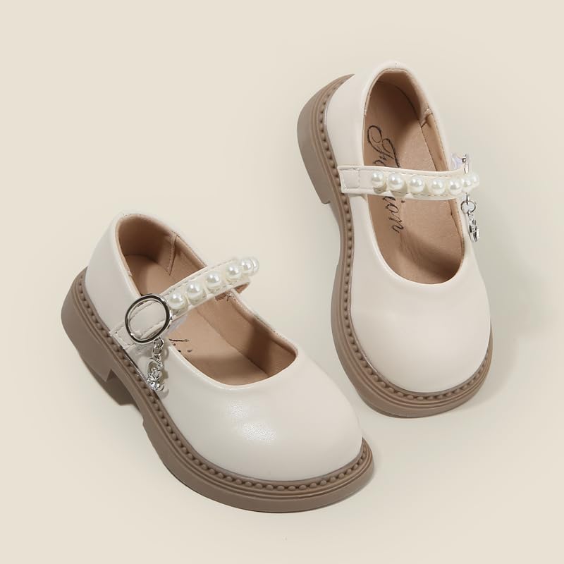 Girls Mary Jane Dress Shoes, Pearl Strap, White Patent Leather, Brown Sole4