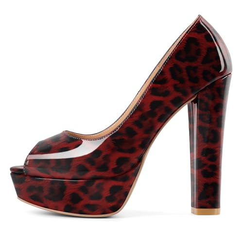 Mettesally Femmes Peep Toe Pompes Plateforme Chunky Heels 14cm Slip on Robe Mariage Parti Modes Chaussures Léopard Rouge EU 39