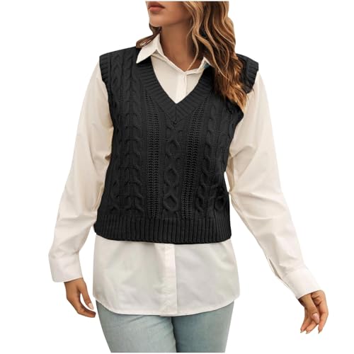 Image of Teen Girls Cropped Vest V-Neck Sleeveless Jumpers Classic Solid Knitted Pullover Tank Tops Fall Casual Lightweight Knit Sweater Streetwear Modern Ladies Going Out Shirts Knitwear Black