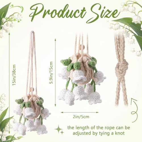 Image of DaisyInner Cute Crochet Plant Car Freshener 12ml Empty Refillable Diffuser Bottle with Plants Hanging Accessories for Ornaments Charms Rearview Mirror Decor Women Gifts (Green, White,Bellflower)