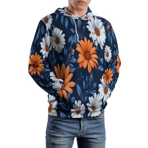 Sweat à capuche imprimé plante vintage avec motif feuilles de marguerite 3D et grandes poches
