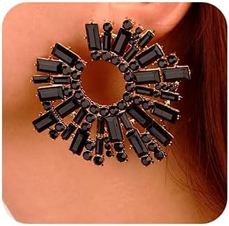 Wiwpar Fashion Crystal Big Statement Earrings for Women Sparkly Round Shape Earrings Bohemian Pave Rhinestone Earrings Jewelry for Women Girls