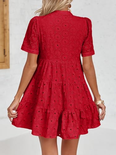 Image of Imily Bela Womens Summer Lace Dresses Eyelet Casual Flowy Babydoll Swing Short Sleeve V Neck Tunic Dress