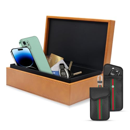 BOODPET Faraday-Box zum Schutz vor Keyless Entry – Hochwertige RFID-Signalabschirmungshülle aus Leder mit 2 Faraday-Beuteln (braun)