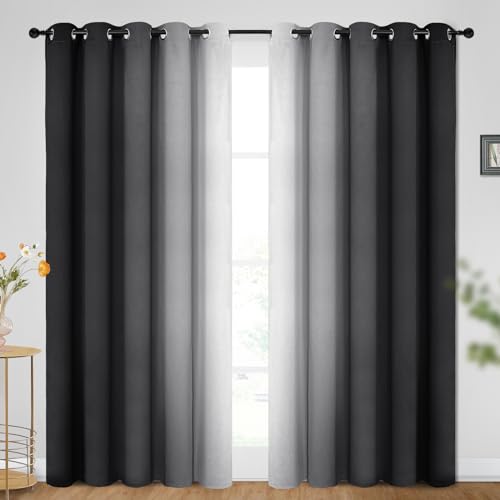 Image of SimpleHome Ombre Room Darkening Curtains for Bedroom, Gradient Black to Grey White Light Blocking Thermal Insulated Grommet Window Curtain /Drapes for Living Room,2 Panels, 70x84 inches Length