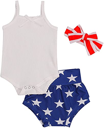 Image of Newborn Baby Boy Girl 4th of July Outfit Sleeveless Halter Romper Stripe Star Shorts Headband 3Pcs Clothes Set