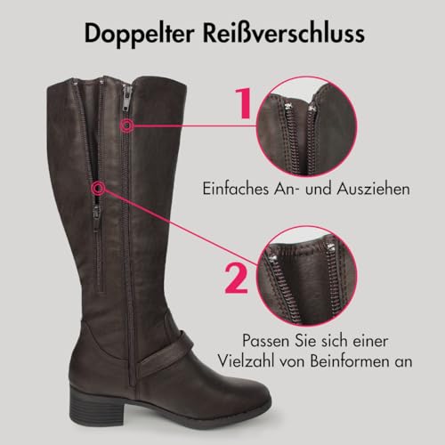 Hawkwell Damen-Reitstiefel mit breiter Wade und doppeltem Reißverschluss, Braun Synthetik EU 40