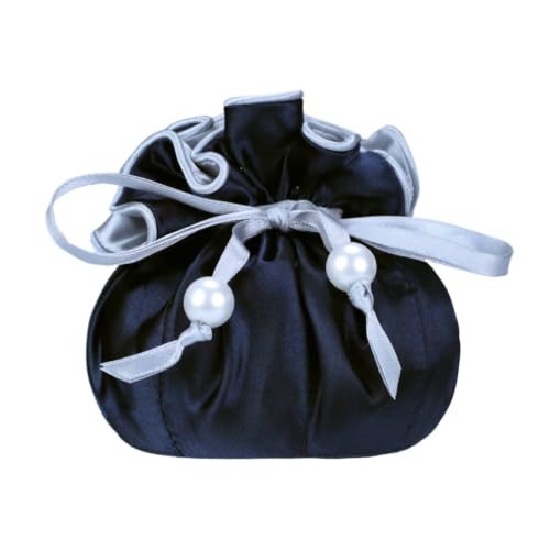 Marisa D'Amico Drawstring Premium Satin Jewelry Pouch with 8 Interior Pockets, Dark Blue + Silver