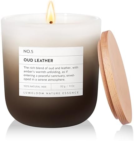 LUMELOOM Oud & Leather Scented Candle, 11oz Aromatherapy Soy Wax Candles for Home Scented, Long Lasting, Oud Leather Scent for Home, Gifts for Men, Women, Friends, Teacher, Relaxation & Stress Relief