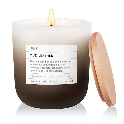 LUMELOOM Oud & Leather Scented Candle, 11oz Aromatherapy Soy Wax Candles for Home Scented, Long Lasting, Oud Leather Scent for Home, Gifts for Men, Women, Friends, Teacher, Relaxation & Stress Relief