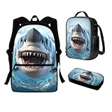 WELLFLYHOM Shark Elementary Backpack for Girls with Lunch Box Pencil Case School Back Packs Bookbag for Boys Women Large Schoolbags Bagpack Rucksack Travel Outdoor Daypack Satchel